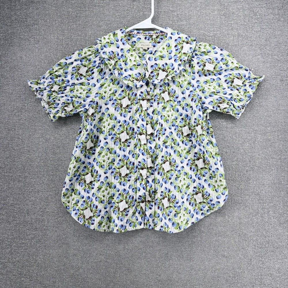 Pilcro Blouse Top Women Sz 8 White Blueberry Floral Printed Ruffle Sleeve Cotton